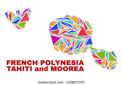 Mosaic Tahiti and Moorea islands map of triangles in bright colors isolated on a white background. Triangular collage in shape of Tahiti and Moorea islands map. Abstract design for patriotic purposes.