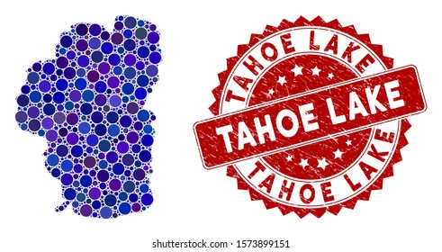 Mosaic Tahoe Lake map and circle seal stamp. Flat vector Tahoe Lake map mosaic of random circle items. Red seal stamp with grunge style. Designed for political and patriotic posters.
