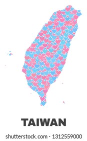 Mosaic Taiwan map of valentine hearts in pink and blue colors isolated on a white background. Lovely heart collage in shape of Taiwan map. Abstract design for Valentine decoration.
