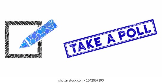 Mosaic take a poll and corroded stamp seal with Take a Poll text. Mosaic vector take a poll is composed with randomized rectangle items. Take a Poll stamp seal uses blue color.