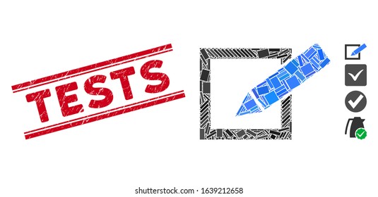 Mosaic take a poll pictogram and red Tests seal stamp between double parallel lines. Flat vector take a poll mosaic icon of randomized rotated rectangular elements.