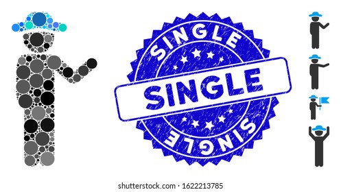 Mosaic talking gentleman icon and grunge stamp watermark with Single caption. Mosaic vector is formed with talking gentleman pictogram and with random circle items. Single stamp uses blue color,