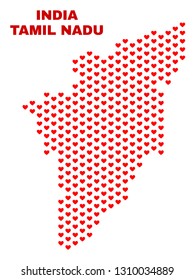 Mosaic Tamil Nadu State map of heart hearts in red color isolated on a white background. Regular red heart pattern in shape of Tamil Nadu State map. Abstract design for Valentine decoration.
