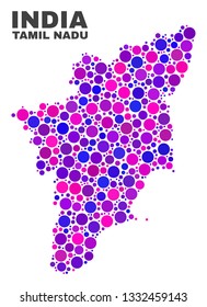 Mosaic Tamil Nadu State map isolated on a white background. Vector geographic abstraction in pink and violet colors. Mosaic of Tamil Nadu State map combined of random spheric elements.