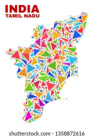 Mosaic Tamil Nadu State map of triangles in bright colors isolated on a white background. Triangular collage in shape of Tamil Nadu State map. Abstract design for patriotic illustrations.