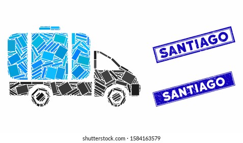 Mosaic tank truck icon and rectangular Santiago watermarks. Flat vector tank truck mosaic icon of random rotated rectangular items. Blue Santiago watermarks with grunged texture.