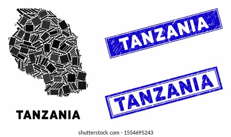 Mosaic Tanzania map and rectangle stamps. Flat vector Tanzania map mosaic of randomized rotated rectangular items. Blue caption rubber stamps with rubber surface.