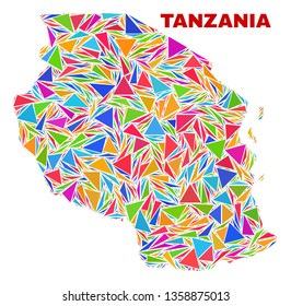 Mosaic Tanzania map of triangles in bright colors isolated on a white background. Triangular collage in shape of Tanzania map. Abstract design for patriotic purposes.