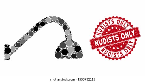 Mosaic tap mixer and corroded stamp seal with Nudists Only phrase. Mosaic vector is designed with tap mixer icon and with randomized round spots. Nudists Only stamp seal uses red color,