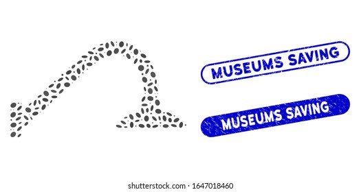Mosaic tap mixer and grunge stamp seals with Museums Saving phrase. Mosaic vector tap mixer is formed with randomized elliptic pieces. Museums Saving stamp seals use blue color,