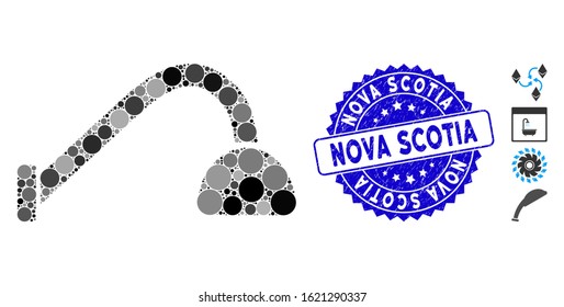 Mosaic tap mixer icon and grunge stamp seal with Nova Scotia caption. Mosaic vector is designed with tap mixer pictogram and with randomized spheric spots. Nova Scotia stamp seal uses blue color,
