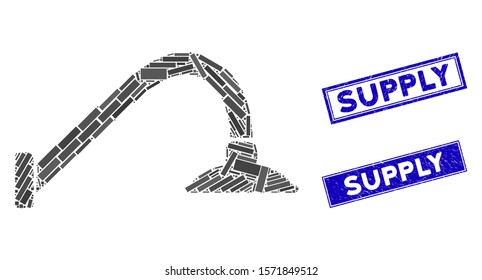 Mosaic tap mixer pictogram and rectangular Supply seal stamps. Flat vector tap mixer mosaic icon of randomized rotated rectangular items. Blue Supply stamps with grunge surface.