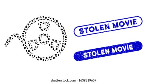 Mosaic tape reel and distressed stamp seals with Stolen Movie phrase. Mosaic vector tape reel is created with scattered oval pieces. Stolen Movie seals use blue color, and have round rectangle shape.