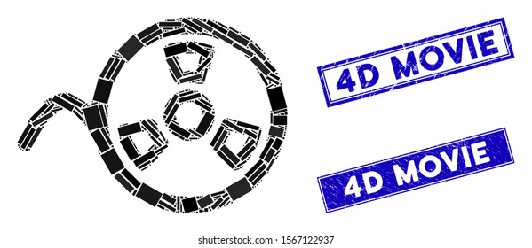 Mosaic tape reel icon and rectangular seal stamps. Flat vector tape reel mosaic icon of random rotated rectangular items. Blue caption stamp imprints with grunge textures.