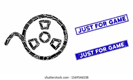 Mosaic tape roll pictogram and rectangular seals. Flat vector tape roll mosaic pictogram of scattered rotated rectangular items. Blue caption rubber seals with grunge texture.