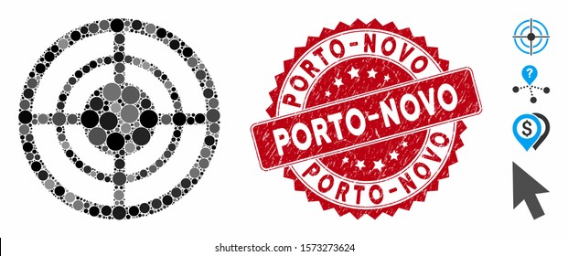 Mosaic target icon and distressed stamp seal with Porto-Novo text. Mosaic vector is composed with target icon and with random round spots. Porto-Novo stamp seal uses red color, and rubber design.