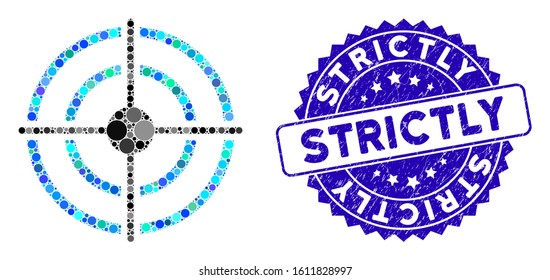 Mosaic target icon and rubber stamp watermark with Strictly text. Mosaic vector is formed with target pictogram and with scattered round elements. Strictly stamp uses blue color, and rubber surface.