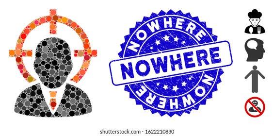 Mosaic target man icon and corroded stamp watermark with Nowhere caption. Mosaic vector is created with target man icon and with randomized round items. Nowhere stamp seal uses blue color,