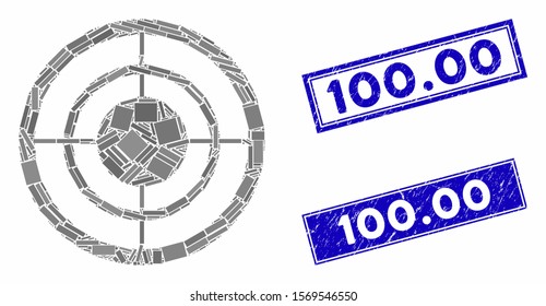 Mosaic target pictogram and rectangular seal stamps. Flat vector target mosaic pictogram of scattered rotated rectangular elements.  