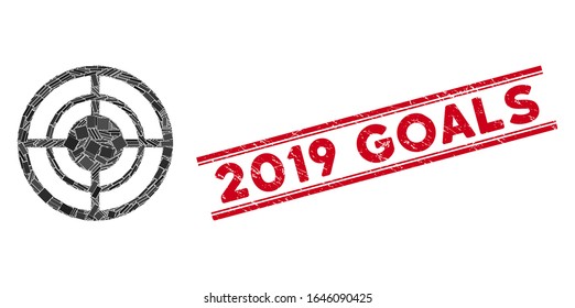 Mosaic target pictogram and red 2019 Goals seal stamp between double parallel lines. Flat vector target mosaic pictogram of scattered rotated rectangular elements.