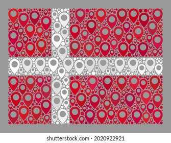 Mosaik auf Dänemark Flagge entworfen von Punktsymbole. Vektorgrafik-Rechteck Dänemark Flagge für die Ausrichtung auf Propaganda. Dänemark Flaggencollage ist mit randomisierten Navigationssymbole entworfen.