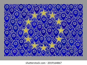 Bandera de mosaico dirigida a Europa diseñada con elementos de marcadores de mapa. Mosaico vectorial rectangular bandera europea combinada para proyectos de geoorientación. El collage de la bandera europea se realiza con elementos de marcadores de mapa aleatorios.