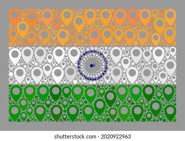 Mosaic targeting India flag designed of geo elements. Vector collage rectangle India flag designed for targeting propaganda. India flag collage is created from random tag items.