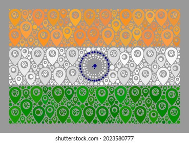Mosaic targeting India flag designed with flag elements. Vector mosaic straight India flag organized for cartography advertisement. India flag collage is organized with randomized site icons.
