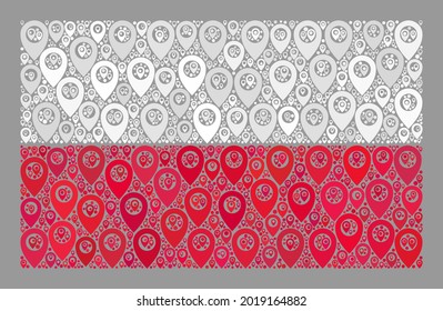 Mosaic targeting Poland flag designed with position items. Vector collage rectangular Poland flag created for targeting propaganda. Poland flag collage is created with random geotargeting pictograms.