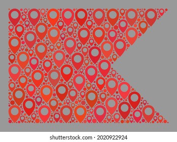 Mosaic targeting red guidon flag designed of map items. Vector collage rectangle red guidon flag created for targeting wallpapers. Red guidon flag collage is shaped with random map particles.