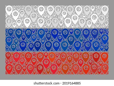 Mosaic targeting Russia flag designed with direction elements. Vector collage straight Russia flag designed for targeting posters. Russia flag collage is organized with scattered pin icons.