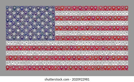 Mosaic targeting USA flag constructed of site items. Vector collage straight USA flag designed for cartography illustrations. USA flag collage is created from randomized cartography icons.