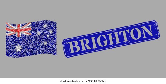 Mosaic targeting waving Australia flag constructed of navigate items, with textured blue rectangular Brighton seal. Vector collage windy Australia flag done for targeting advertisement.