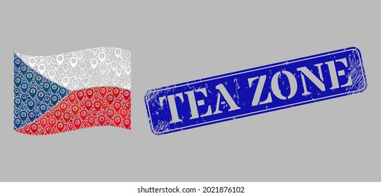 Mosaic targeting waving Czech flag created with mark items, with scratched blue rectangular Tea Zone seal. Vector collage waving Czech flag created for targeting propaganda.