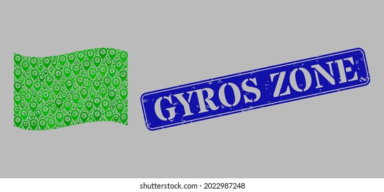 Mosaic targeting waving green flag designed of direction icons, with distress blue rectangle Gyros Zone stamp. Vector collage windy green flag created for navigation posters.