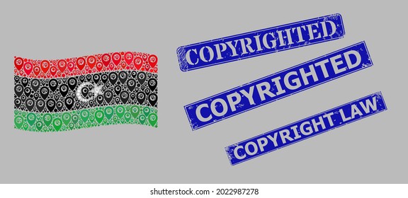 Mosaico apuntando ondeando la bandera de Libia diseñada con elementos de ruta, con insignias rectangulares de color azul oscuro con derechos de autor. Collage vectorial ondeando la bandera de Libia para proyectos de navegación.