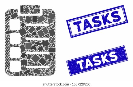 Mosaic tasks pictogram and rectangular seals. Flat vector tasks mosaic pictogram of random rotated rectangular elements. Blue caption rubber seals with distress texture.