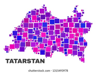 Mosaic Tatarstan map isolated on a white background. Vector geographic abstraction in pink and violet colors. Mosaic of Tatarstan map combined of random square elements.