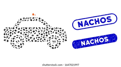 Mosaic taxi car and grunge stamp seals with Nachos phrase. Mosaic vector taxi car is composed with scattered elliptic parts. Nachos stamp seals use blue color, and have round rectangle shape.