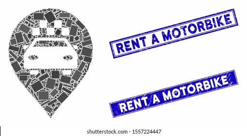 Mosaic taxi car marker pictogram and rectangle rubber prints. Flat vector taxi car marker mosaic pictogram of random rotated rectangle elements. Blue caption stamp imprints with rubber surface.