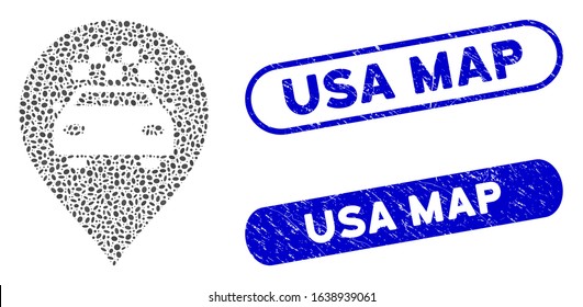 Mosaic taxi car marker and rubber stamp watermarks with USA Map phrase. Mosaic vector taxi car marker is composed with random ellipse dots. USA Map stamp seals use blue color,