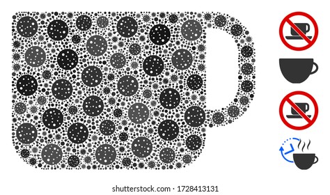 Mosaic tea cup designed from covid-2019 virus elements in different sizes and color hues. Vector pathogen icons are grouped into abstract mosaic tea cup icon. Some bonus icons are added.