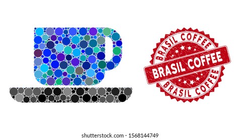 Mosaic tea cup and grunge stamp seal with Brasil Coffee phrase. Mosaic vector is composed from tea cup icon and with scattered spheric items. Brasil Coffee stamp seal uses red color,