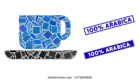 Mosaic tea cup icon and rectangle 100% Arabica stamps. Flat vector tea cup mosaic icon of randomized rotated rectangle elements. Blue 100% Arabica stamps with distress textures.