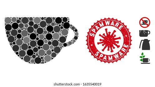 Mosaic tea cup icon and red rounded rubber stamp watermark with Spamware caption and coronavirus symbol. Mosaic vector is created with tea cup icon and with randomized spheric items.