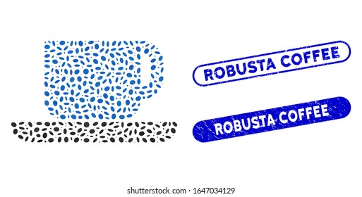 Mosaic tea cup and rubber stamp seals with Robusta Coffee caption. Mosaic vector tea cup is created with random ellipse dots. Robusta Coffee stamp seals use blue color, and have round rectangle shape.