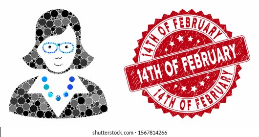 Mosaic teacher lady and distressed stamp seal with 14Th of February caption. Mosaic vector is created with teacher lady icon and with random circle items. 14Th of February seal uses red color,