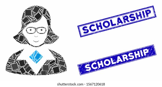 Mosaic teacher lady icon and rectangle stamps. Flat vector teacher lady mosaic icon of randomized rotated rectangle items. Blue caption stamps with rubber textures.