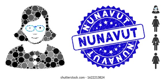 Mosaic teacher lady icon and rubber stamp seal with Nunavut text. Mosaic vector is created with teacher lady icon and with random circle spots. Nunavut seal uses blue color, and dirty design.