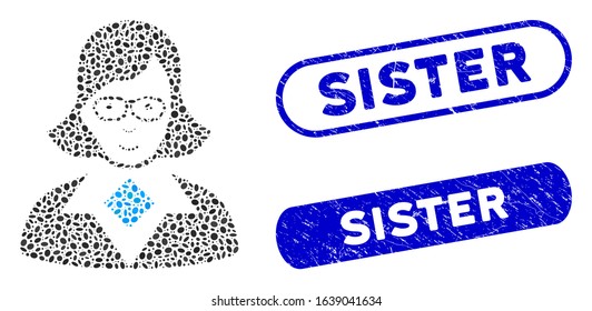 Mosaic teacher lady and rubber stamp seals with Sister text. Mosaic vector teacher lady is formed with randomized elliptic spots.  